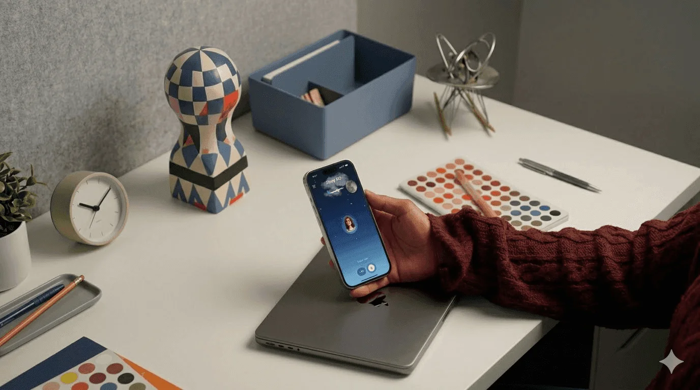 A traveller at a desk holding a phone with the ZippyGo voice assistant open