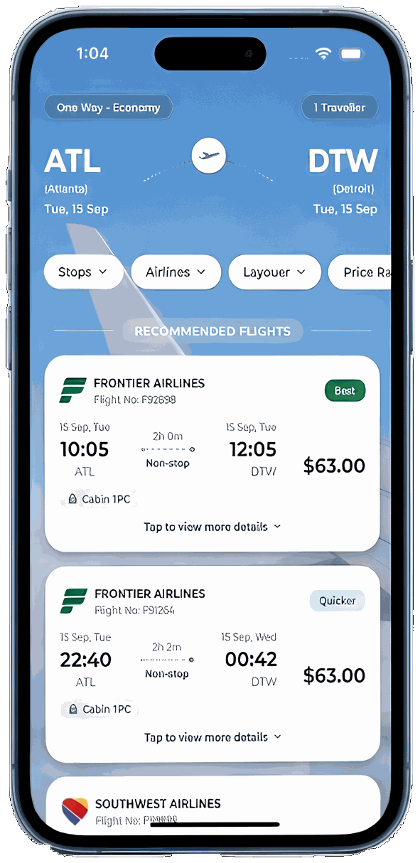 The ZippyGo app showing recommended flights from Atlanta to Detroit, with fares and flight times